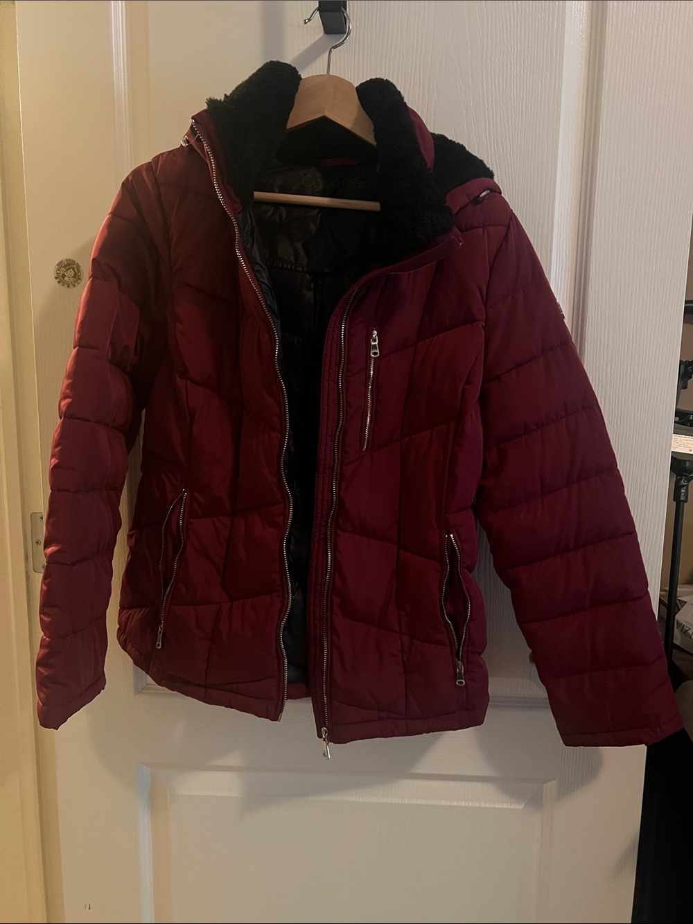 Calvin Klein Burgundy Quilted Puffer Jacket with Faux Fur Trim